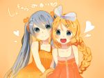  :d alternate_hairstyle blonde_hair blue_eyes blue_hair bow braid child friends hair_bow hair_ornament hair_ribbon hairclip hatsune_miku heart itamidome kagamine_rin long_hair multiple_girls open_mouth ribbon short_dress simple_background smile symbol-shaped_pupils twintails very_long_hair vocaloid young 