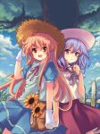  2girls bad_id bag blonde_hair bow character_request cloud clouds fence flower gloves handbag hat holding_hands multiple_girls outdoors pcmaniac88 purple_hair purse red_eyes ribbon series_request skirt sky sunflower tree 