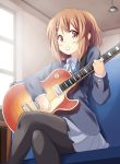  brown_eyes brown_hair couch crossed_legs dekosuke gibson guitar hirasawa_yui instrument k-on! les_paul mouth_hold pantyhose plectrum school_uniform short_hair sitting 