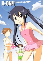  ball beachball bikini black_hair brown_eyes brown_hair casual_one-piece_swimsuit hirasawa_ui k-on! long_hair multiple_girls nakano_azusa one-piece_swimsuit short_hair short_twintails shorts suzuki_jun swimsuit twintails yuuki_sonisuke 