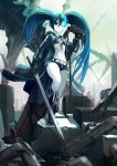  bikini_top black_rock_shooter black_rock_shooter_(character) blue_eyes blue_hair boots chain coat gloves glowing glowing_eyes highres kogaken long_hair midriff navel ruins scar shorts solo sword twintails uneven_twintails weapon 