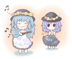  alternate_costume blue_hair blush chibi closed_eyes contemporary flower hat hinanawi_tenshi instrument jug lei multiple_girls musical_note nagae_iku red_eyes south114 star touhou ukelele ukulele 