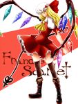  black_thighhighs blonde_hair blouse boots character_name dress flandre_scarlet hat highres laevatein long_hair neckerchief red_dress red_eyes side_ponytail skirt standing teenage thigh-highs thighhighs tobisawa touhou wings wrist_cuffs wristband zettai_ryouiki 