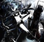  arm_cannon bikini_top black_hair black_rock_shooter black_rock_shooter_(character) blue_eyes boots chain coat glowing glowing_eyes highres jebura long_hair midriff navel pale_skin scar shorts solo sword twintails very_long_hair weapon 