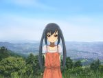  black_hair blush brown_eyes building casual city highres k-on! landscape long_hair nakano_azusa sayaemon scenery sky smile solo tree twintails 
