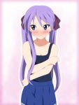  blush breast_squeeze breasts cleavage collarbone covering embarrassed face hair_ribbon hiiragi_kagami ikari_manatsu long_hair lucky_star no_shirt one-piece_swimsuit pleated_skirt purple_hair ribbon school_swimsuit school_uniform skirt solo swimsuit swimsuit_under_clothes tsurime twintails undressing 
