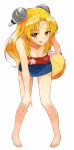  bad_id ball barefoot beachball blonde_hair breasts camisole feet foreshortening galaxy_angel hair_ornament hands leaning_forward long_hair looking_at_viewer nyama ranpha_franboise scan skirt smile tongue yellow_eyes 