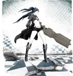  assist21st belt bikini_top black_rock_shooter black_rock_shooter_(character) blue_eyes boots checkered checkered_background checkered_floor coat glowing glowing_eyes huge_weapon knee_boots long_hair monochrome navel scar shorts sketch solo spot_color twintails weapon 