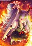  back-to-back bow breasts cleavage ex-keine fire fujiwara_no_mokou hair_bow horns kamishirasawa_keine long_hair multiple_girls red_eyes sample sayori silver_hair standing touhou 