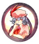  bat_wings blouse blue_hair bow brooch bust fingers frame grey_hair grin hat highres jewelry red_eyes remilia_scarlet short_hair smile solo touhou tsukimoto_aoi wings 