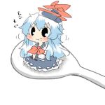  1girl black_eyes blue_hair blush bowl chopsticks eating hat kamishirasawa_keine long_hair lowres rebecca_(keinelove) rice spoon touhou 
