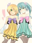  aqua_eyes aqua_hair bad_id blonde_hair bow colorful_x_melody_(vocaloid) detached_sleeves dress earmuffs fan fang green_eyes grin hatsune_miku highres kagamine_rin multiple_girls project_diva project_diva_2nd simple_background smile strapless_dress thigh-highs thighhighs twintails vocaloid wadaka wink 
