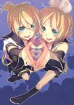  bad_id blonde_hair brother_and_sister detached_sleeves hair_ribbon headset heart heart_hands heart_hands_duo highres kagamine_len kagamine_rin nicohi ribbon short_hair siblings twins vocaloid 