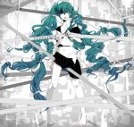  akiakane aqua aqua_eyes aqua_hair barefoot hatsune_miku highres legs long_hair monochrome navel panties skirt spot_color twintails underwear very_long_hair vocaloid 