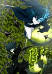  black_rock_shooter black_rock_shooter_(character) blue_eyes claws dead_master dress glowing glowing_eyes green_eyes green_hair highres long_hair shorts sword twintails weapon yagyuu 
