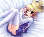  eyes fetal_position hat hat_removed headwear_removed highres legs looking_at_viewer lying moriya_suwako short_hair solo takeponi thigh-highs thighhighs touhou white_legwear white_thighhighs yellow_eyes 