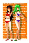  2girls bakuya bikini blush brown_hair frog green_hair hair_ornament hakurei_reimu kochiya_sanae long_hair multiple_girls red_eyes sandals snake swimsuit tan tanline touhou yellow_eyes 