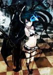  arm_cannon arms_up bikini_top black_hair black_rock_shooter black_rock_shooter_(character) blue_eyes boots chain glowing glowing_eyes highres long_hair midriff mirre navel pale_skin scar shorts solo twintails weapon 
