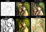  broom bust chart coloring_practice comparison detached_sleeves face frog green_hair hair_ornament highres kochiya_sanae monochrome panels shirabi_(life-is-free) smile touhou translated yellow_eyes 
