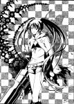  belt bikini_top black_rock_shooter black_rock_shooter_(character) boots checkered checkered_background coat heting highres huge_weapon knee_boots long_hair monochrome navel scar shorts solo star twintails very_long_hair weapon 