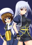  blue_hair brown_hair empty_eyes fingerless_gloves gloves long_hair mahou_shoujo_lyrical_nanoha mahou_shoujo_lyrical_nanoha_a&#039;s mahou_shoujo_lyrical_nanoha_a's masakichi_(crossroad) red_eyes reinforce schwertkreuz short_hair staff yagami_hayate 