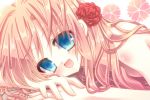  bad_id blue_eyes flower hair_flower hair_ornament long_hair lying megurine_luka momomiya_mion open_mouth pink_hair red_rose rose smile solo vocaloid 