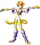 armlet breath_of_fire breath_of_fire_ii bustier claws facial_mark green_eyes lingerie no_panties official_art orange_eyes orange_hair polearm rinpoo_chuan short_hair simple_background solo staff standing tail tiger_print underwear weapon 