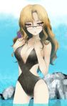  brown_hair casual_one-piece_swimsuit cellphone glasses kiryuu_moeka long_hair one-piece_swimsuit phone steins;gate swimsuit tun wading water 