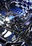  bikini_top black_hair black_rock_shooter black_rock_shooter_(character) blue_eyes chain checkered glowing glowing_eyes highres pkk solo twintails weapon 