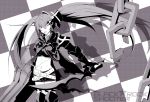  black_rock_shooter black_rock_shooter_(character) boots chain checkered checkered_background coat cross glowing glowing_eyes highres huge_weapon knee_boots long_hair monochrome navel open_mouth priichu scar shadow shorts solo star sword twintails weapon 