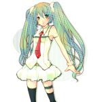  aqua_eyes aqua_hair bad_id belt bracelet hatsune_miku headset jewelry long_hair necktie rirakumo simple_background skirt solo thigh-highs thigh_strap thighhighs twintails very_long_hair vocaloid 