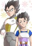  2boys armor black_eyes black_hair cabba dragon_ball dragon_ball_super floral_background fuoore_(fore0042) gloves hand_on_hip height_difference male_focus multiple_boys smile spiky_hair vegeta white_gloves 