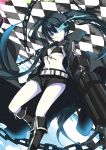  1girl absurdres arm_cannon belt bikini_top black_hair black_rock_shooter black_rock_shooter_(character) blue_eyes boots chain coat gintarou_(kurousagi108) glowing glowing_eyes highres long_hair midriff navel pale_skin scar shorts solo twintails weapon 