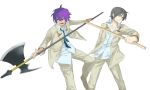  2boys angel_beats! fujimaki_(angel_beats!) halberd male multiple_boys necktie noda_(angel_beats!) polearm purple_hair school_uniform shirasaya subaru_(hz) weapon 