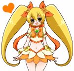  blonde_hair brown_eyes cure_sunshine futari_wa_precure hair_ribbon heart heartcatch_precure! hiromu0713 long_hair magical_girl midriff myoudouin_itsuki navel open_mouth orange_(color) orange_dress precure ribbon skirt solo twintails white_background yellow_eyes 