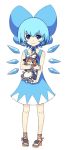  alternate_costume ankle_lace-up bare_shoulders blue_eyes blue_hair bow character_doll choker cirno cross-laced_footwear doll flower hair_bow holding jpeg_artifacts kansou_samehada kei_t_sr kirisame_marisa large_bow sandals short_hair smile solo standing sunflower touhou wings 