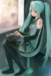 boots cat detached_sleeves hatsune_miku long_hair necktie sitting skirt thigh-highs thigh_boots thighhighs twintails vocaloid zrero 