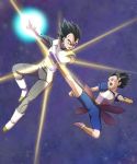  2boys armor black_eyes black_hair boots cabba dragon_ball dragon_ball_super fighting full_body fuoore_(fore0042) gloves glowing highres kicking male_focus multiple_boys open_mouth spiky_hair vambraces vegeta white_boots white_gloves 