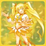  artist_request blonde_hair cure_sunshine futari_wa_precure hair_ribbon heart heartcatch_precure! long_hair magical_girl midriff myoudouin_itsuki navel orange_dress outstretched_hand petals precure ribbon skirt solo twintails wrist_cuffs yellow yellow_background yellow_eyes 