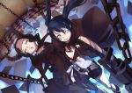  absurdres bikini_top black_dress black_hair black_rock_shooter black_rock_shooter_(character) blue_eyes boots chain checkered closed_eyes coat dead_master dress glowing glowing_eyes highres horns multiple_girls scar shorts twintails utu weapon 