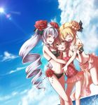  bikini blonde_hair brown_eyes brown_hair casual_one-piece_swimsuit double_bun drill_hair dutch_angle eeta flower girl_sandwich henrietta_grimm hug ibara_hime long_hair multiple_girls one-piece_swimsuit rapunzel_(grimm) rapunzel_(zettai_meikyuu_grimm) red_rose rose silver_hair swimsuit twintails zettai_meikyuu_grimm 