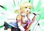  blonde_hair english ging_(tokushima) green_eyes guitar highres instrument microphone mizuhashi_parsee open_mouth pointy_ears short_hair singing solo touhou 