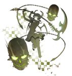  black_rock_shooter chain checkered checkered_background curly_hair dead_master dress glowing green_eyes highres horns izumi_(nagashi) long_hair monochrome running scythe skull solo spot_color wings 
