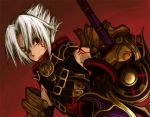  .hack// .hack//g.u. armor chainsaw haseo male red_eyes short_hair silver_hair tattoo weapon 