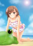  all_fours barefoot beach blush brown_eyes brown_hair feet frilled_swimsuit frills gekota hair_ornament hairpin highres kamiko_to_seiryoku lens_flare misaka_mikoto navel polka_dot polka_dot_swimsuit sand short_hair solo swimsuit to_aru_majutsu_no_index 