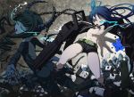  absurdres arm_cannon bikini_top black_hair black_rock_shooter black_rock_shooter_(character) blue_eyes boots chain dead_master emuzu glowing glowing_eyes highres horns long_hair midriff multiple_girls navel scar shorts tears twintails very_long_hair weapon wings 