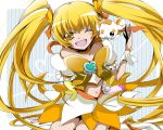  blonde_hair cure_sunshine futari_wa_precure hair_ribbon happy heartcatch_precure! inukai_(g_a) long_hair magical_girl midriff myoudouin_itsuki navel open_mouth potpourri_(precure) ribbon skirt twintails wink yellow_eyes 