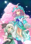  butterfly cherry_blossoms green_eyes hair_ribbon hat highres izayoi_sakuya katana konpaku_youmu multiple_girls pink_eyes pink_hair ponpokojony ribbon saigyouji_yuyuko short_hair silver_hair sword touhou weapon 