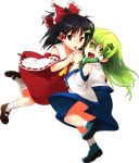  :d :o bad_id bare_shoulders black_hair bow detached_sleeves frog green_eyes green_hair hair_bow hair_ornament hakurei_reimu holding_hands kochiya_sanae long_hair mary_janes multiple_girls open_mouth red_eyes rex_k shoes skirt smile snake socks touhou young 