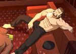  abs beard brown_hair cigarette couch epaulettes facial_hair glasses glasses_removed male muscle radi_jaeger senjou_no_valkyria senjou_no_valkyria_1 shirtless smoking topless zelo-lee 